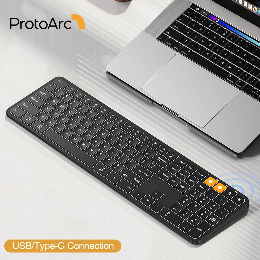 ProtoArc 충전식 백라이트 무선 키보드, 윈도우, 맥, USB 타입 연결용, 풀 사이즈 조명 키보드