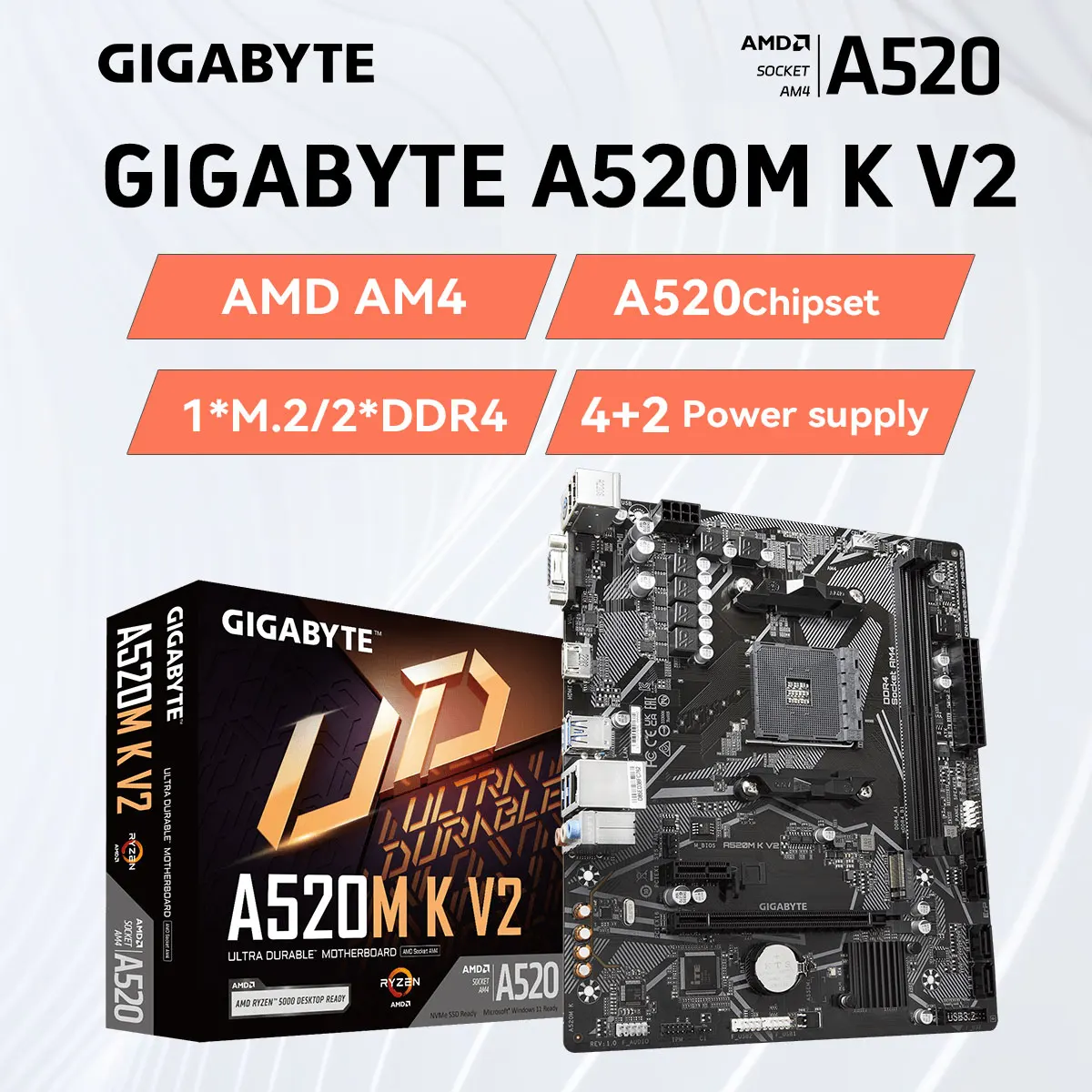 GIGABYTE A520M K V2 새로운 Micro-ATX A520 DDR4 5100(OC) MHz M.2 PCIe 3.0 AMD Ryzen 5000 시리즈 AM4 마더 보드