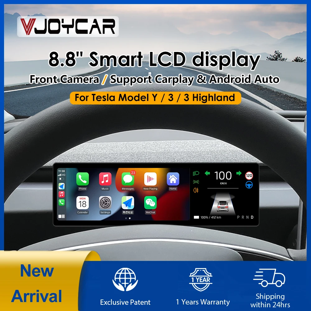 VJOYCAR 8.8” Tesla 모델 3 모델 Y 모델 3 하이랜드 지원 무선 Carplay 및 Android 자동 맹점 모니터 옵션 카메라를 위한 새로운 대시보드 화면