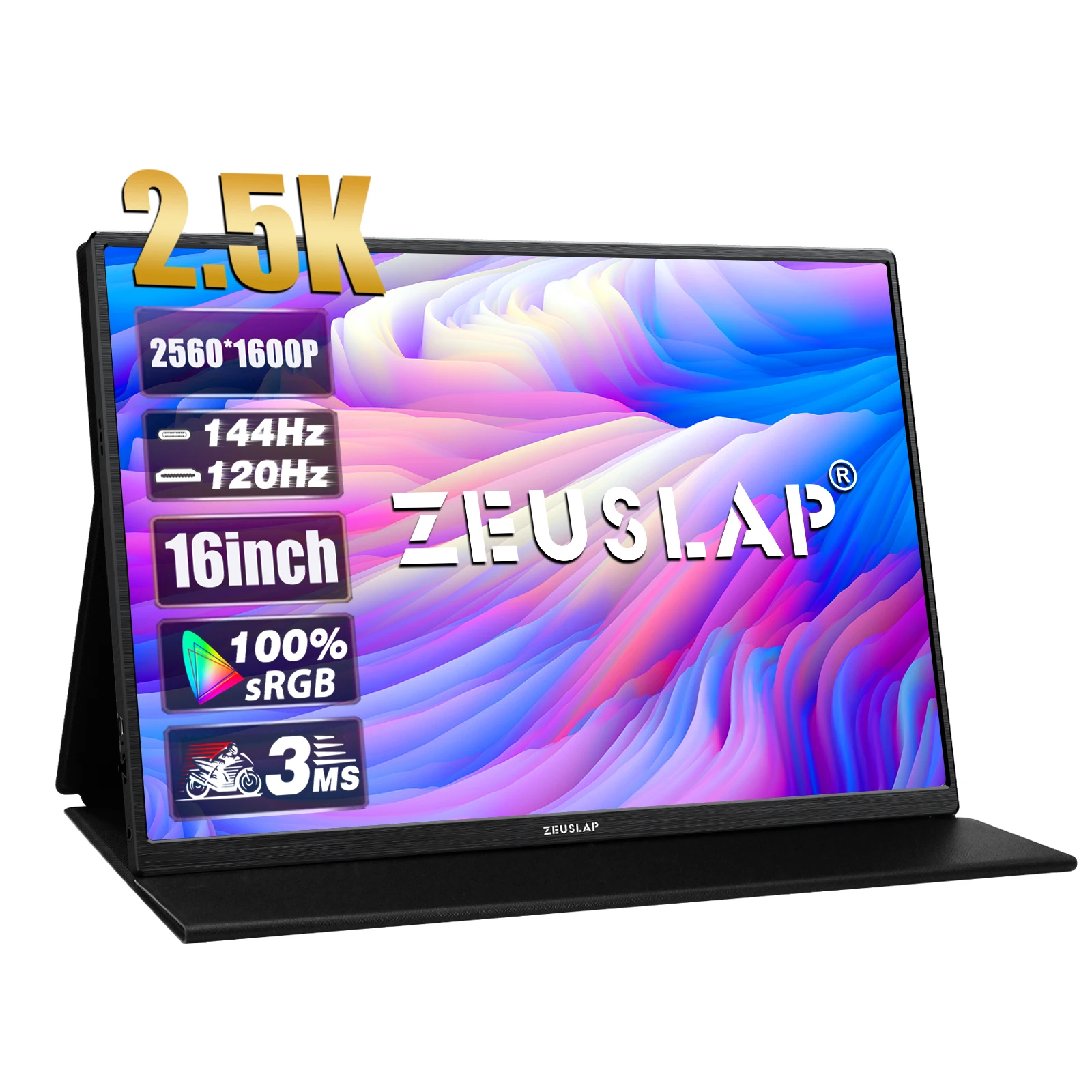 ZEUSLAP 16 인치 2.5K 144hz 휴대용 모니터 2560*1600 16:10 100% sRGB 500Cd/m² 노트북 스위치 ps4 ps5 Xbox용 여행용 게임 디스플레이