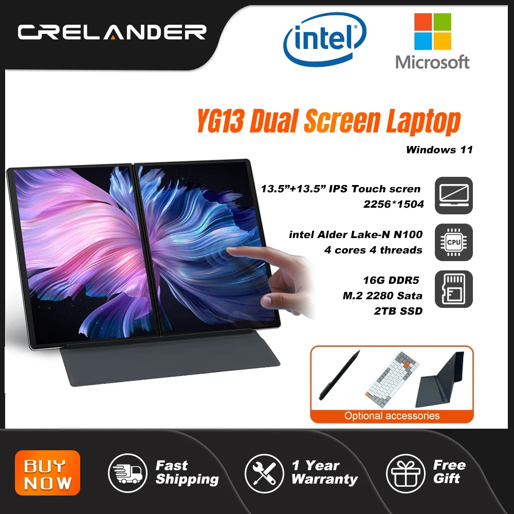 놓치지 마세요! CRELANDER YG13 듀얼 스크린 노트북Intel N100 CPU 13.5형 2.5k 터치스크린 DDR5 16GB M2 SSD YOGA 노트북 태블릿 절대 놓치면 안 되는 기회!