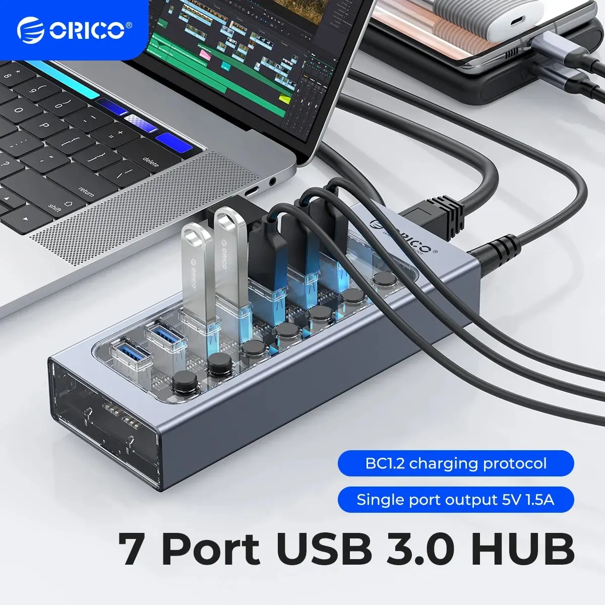 대세 상품 ORICO USB3.0 허브 맥북 휴대 전화 태블릿 용 12v 전원 어댑터가있는 알루미늄 산업용 7 포트 스플리터 스플리트 스위치 한정 할인 이벤트!